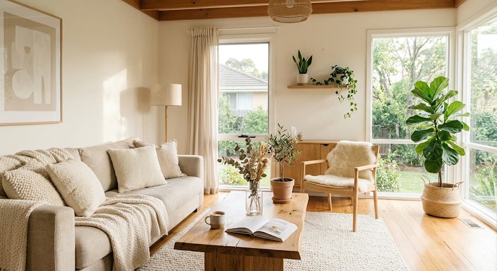 A bright living room with cream textiles, natural wood, subtle greenery, and soft morning light.