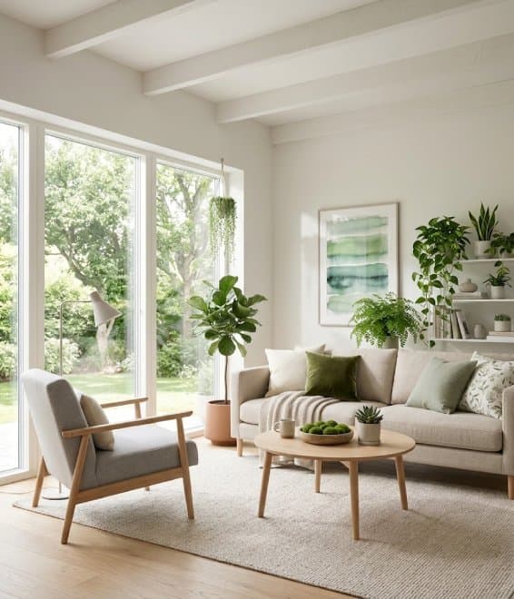 A bright, tidy living room with neutral furniture and daylight from large windows