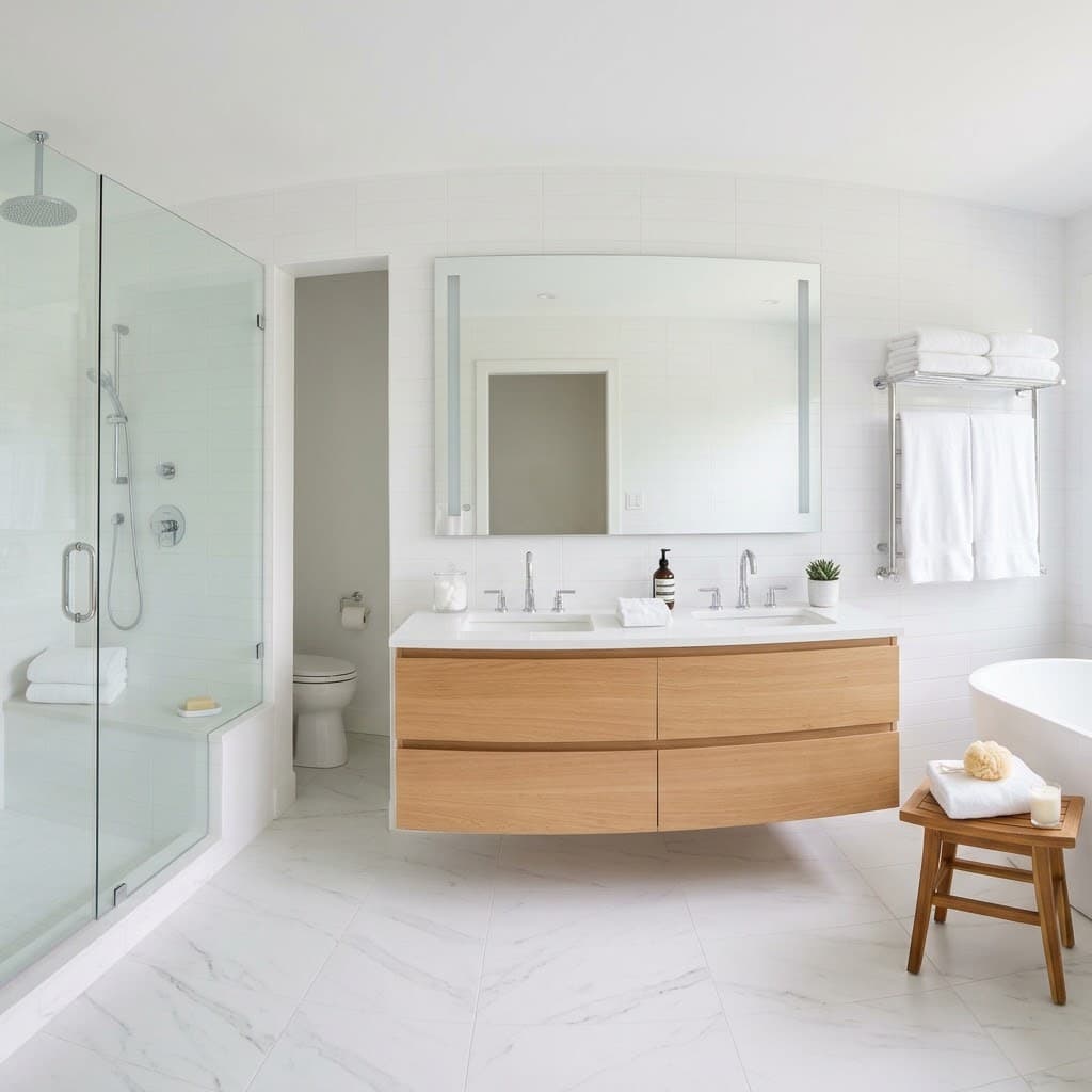 Clean bathroom with white tiles, light-wood vanity and glass shower