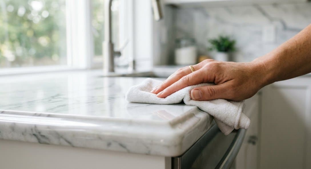 A hand wiping down a kitchen countertop in a bright home